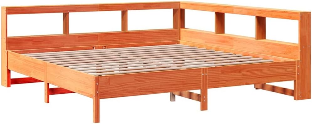 vidaXL Massivholzbett mit Regal ohne Matratze Wachsbraun 180x200 cm, Holzbett mit Regal, Massivholzbett mit Regal, Bett, Holzbett mit Bücherregal