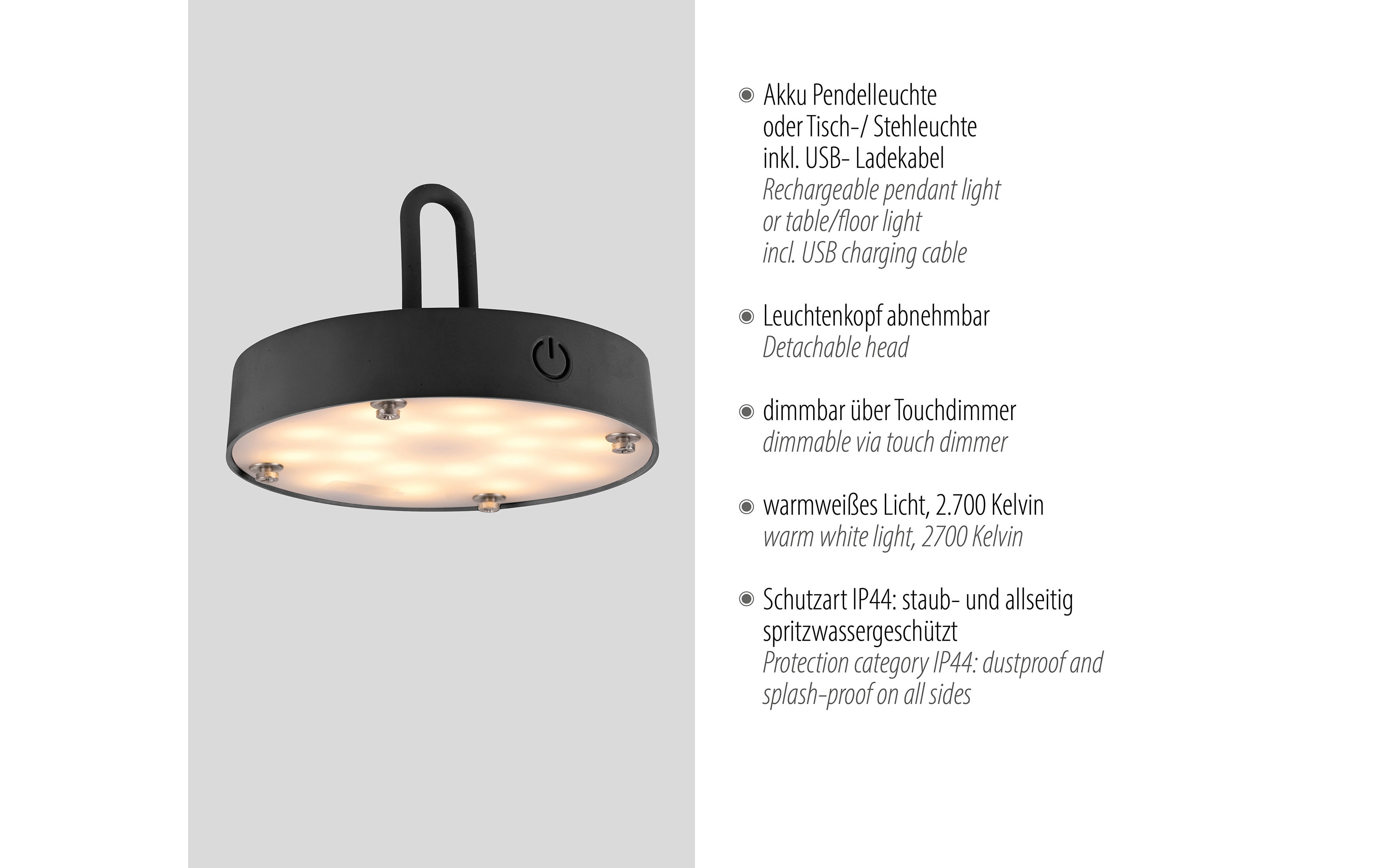 LED-Akkupendelleuchte Akuba, schwarz, 25 cm, inkl. Memoryfunktion