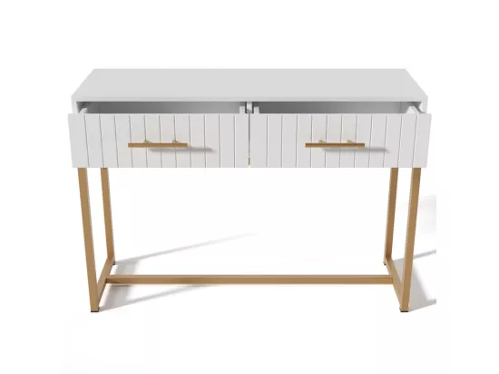 Coiffeuse décorée de rayures verticales - H 75 cm - avec 2 tiroirs et piètement en métal - Blanc