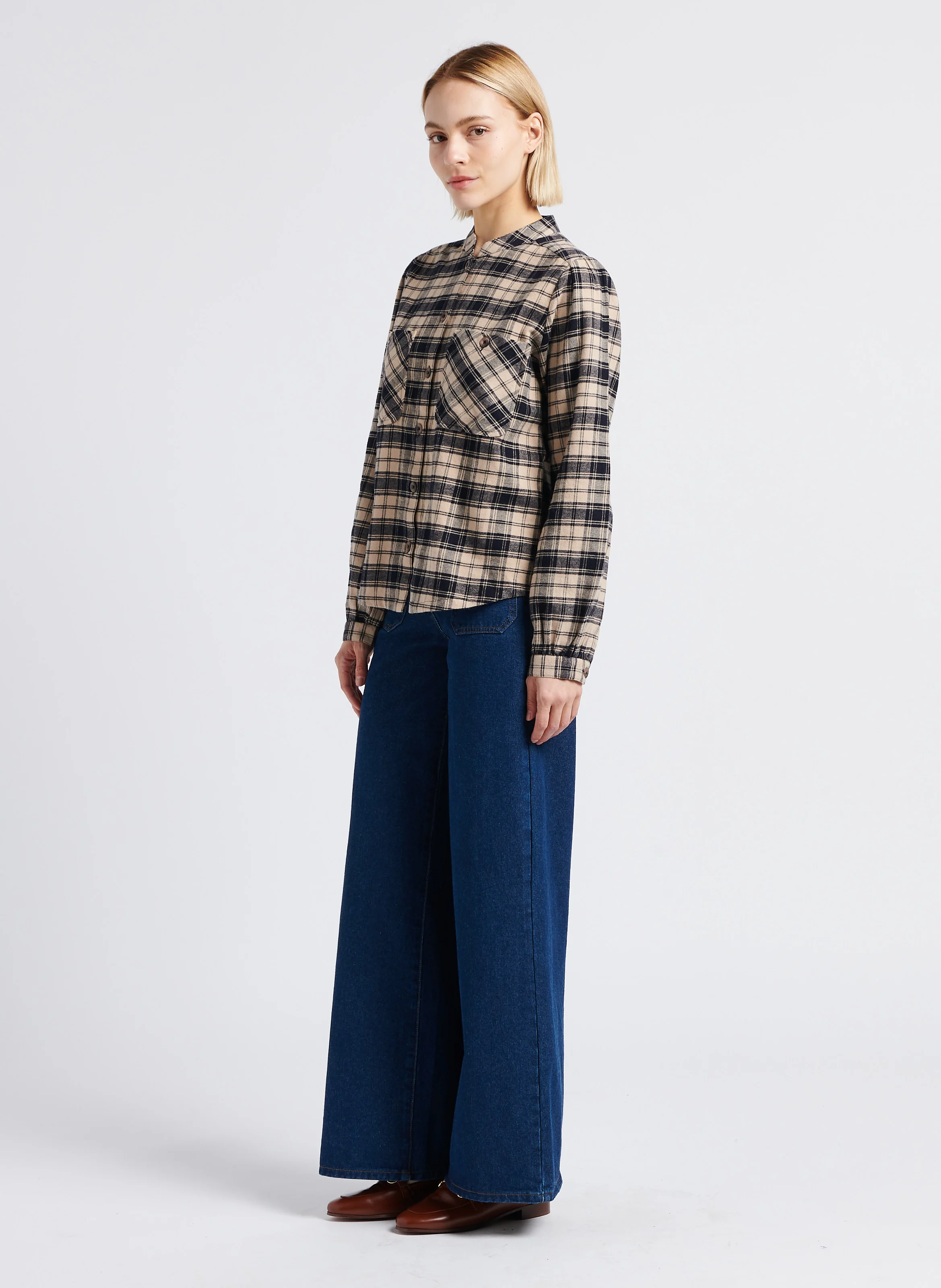 CHRONO - Blouse col rond à carreaux en coton| Noir