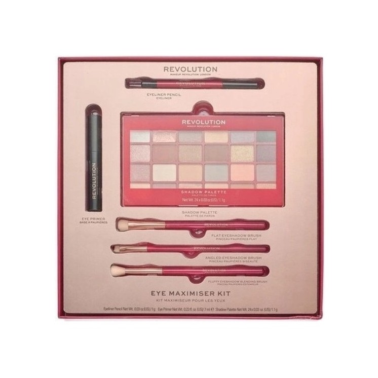 Makeup Revolution Eye Maximiser Kit Geschenkset: Lidschattenpalette, Eyeliner, Lidschattengrundierung und 3 Make-up-Pinsel