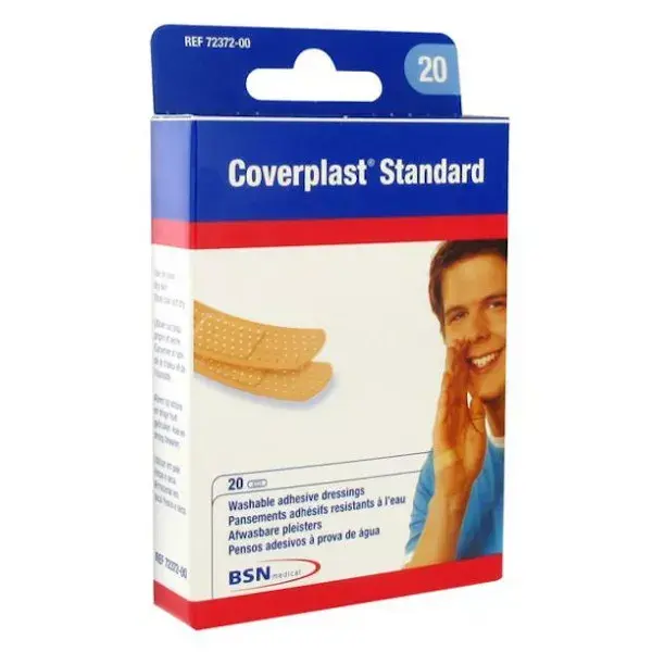 Curativo adesivo padrão Coverplast da BSN Medical, 7,2 x 1,9 cm, 20 unidades.