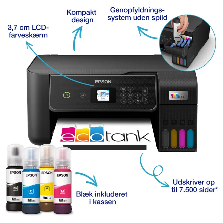 Epson EcoTank ET-2870 - Multifunktionsprinter - farve - blækprinter - ITS - A4 (medie) - op til 10 spm (udskriver) - 100 ark - Wi-Fi, USB - sort