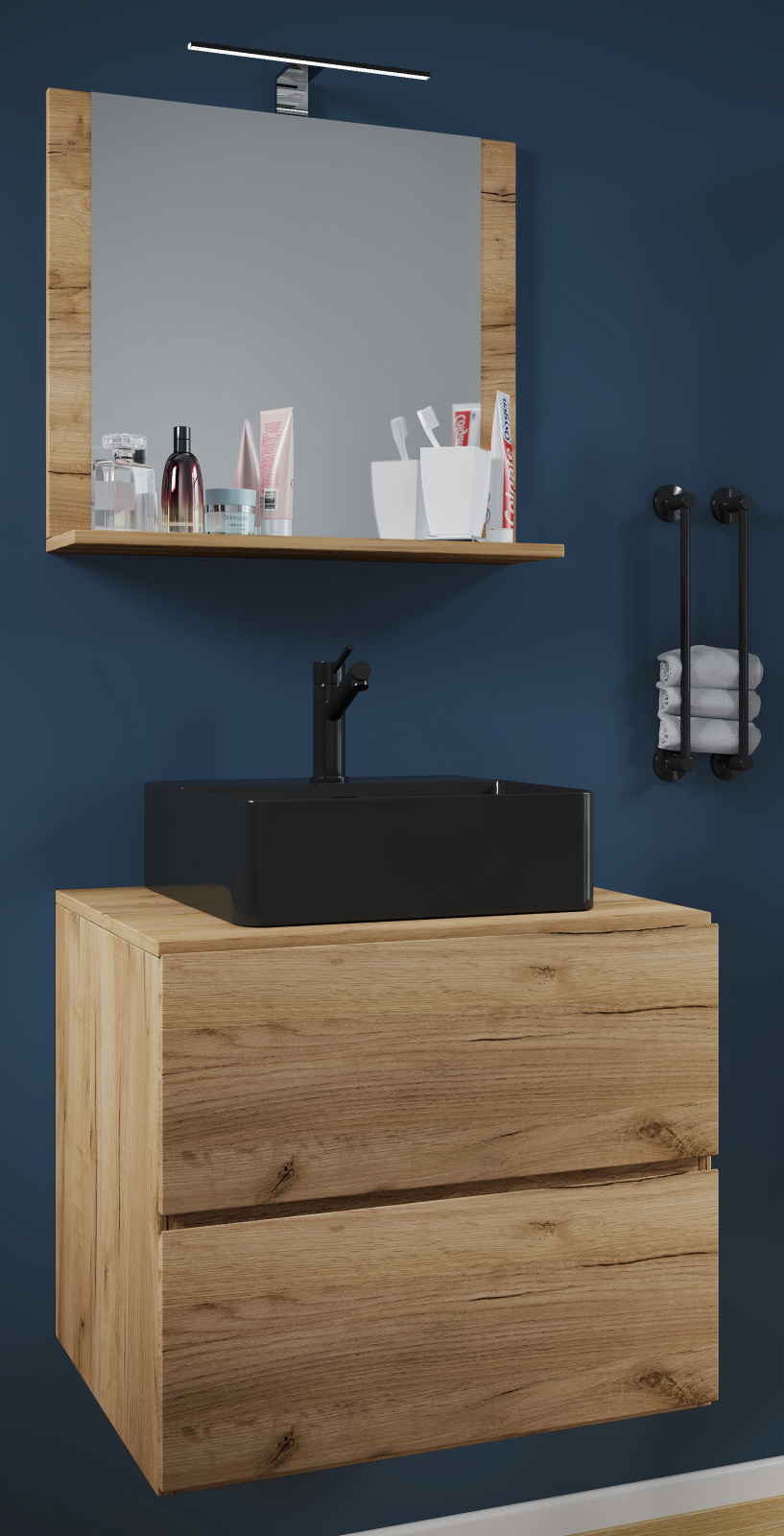 3-teiliges Bademöbel-Set LENDAS BL - Honig Eiche-schwarz - 60 cm