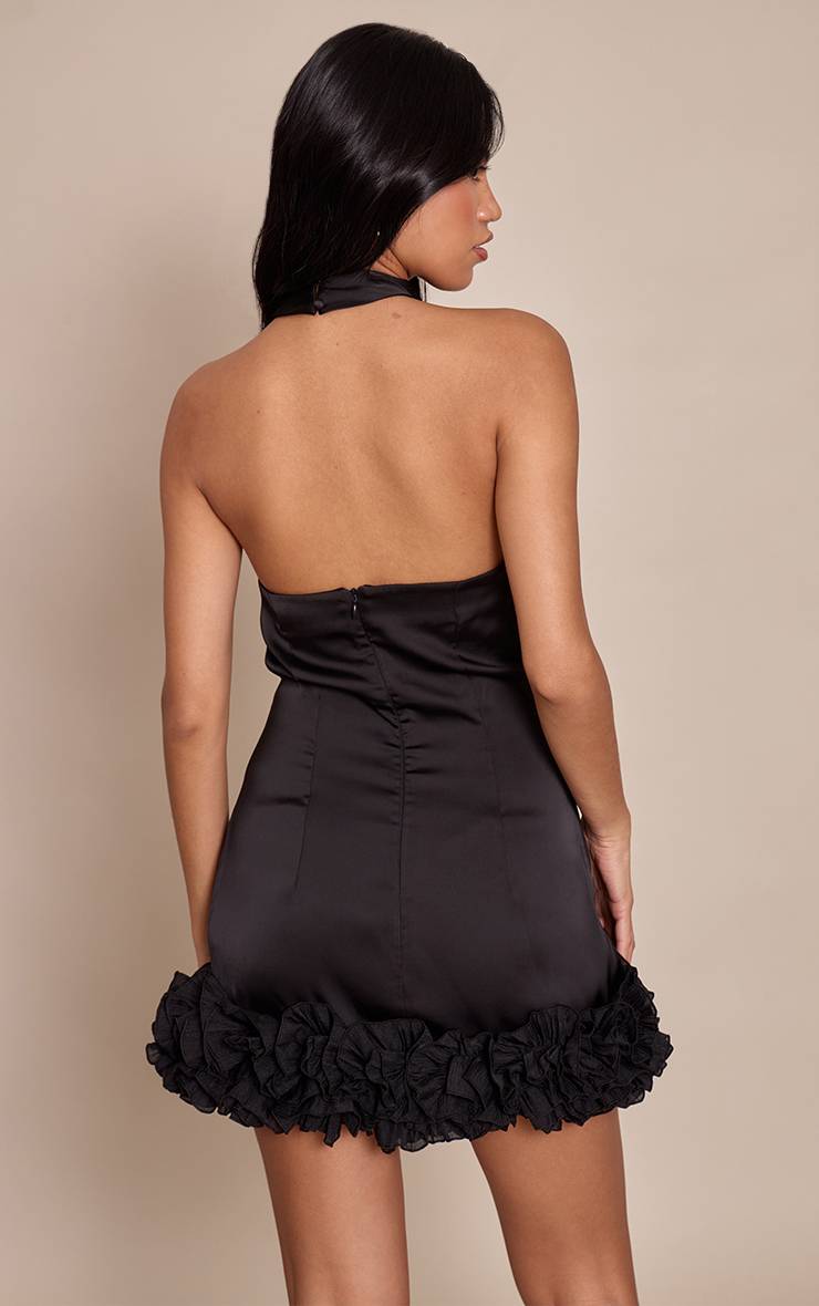 Noir Robe Courte En Satin À Col Montant Avec Détail Volant