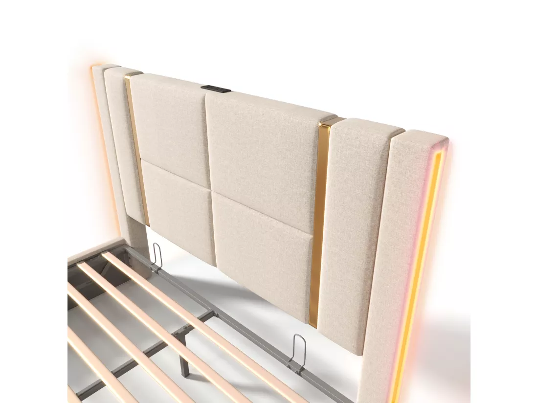 Lit coffre 140x200 cm rembourré en tissu de lin - avec LED et fonction de recharge - avec sommier à lattes - Beige