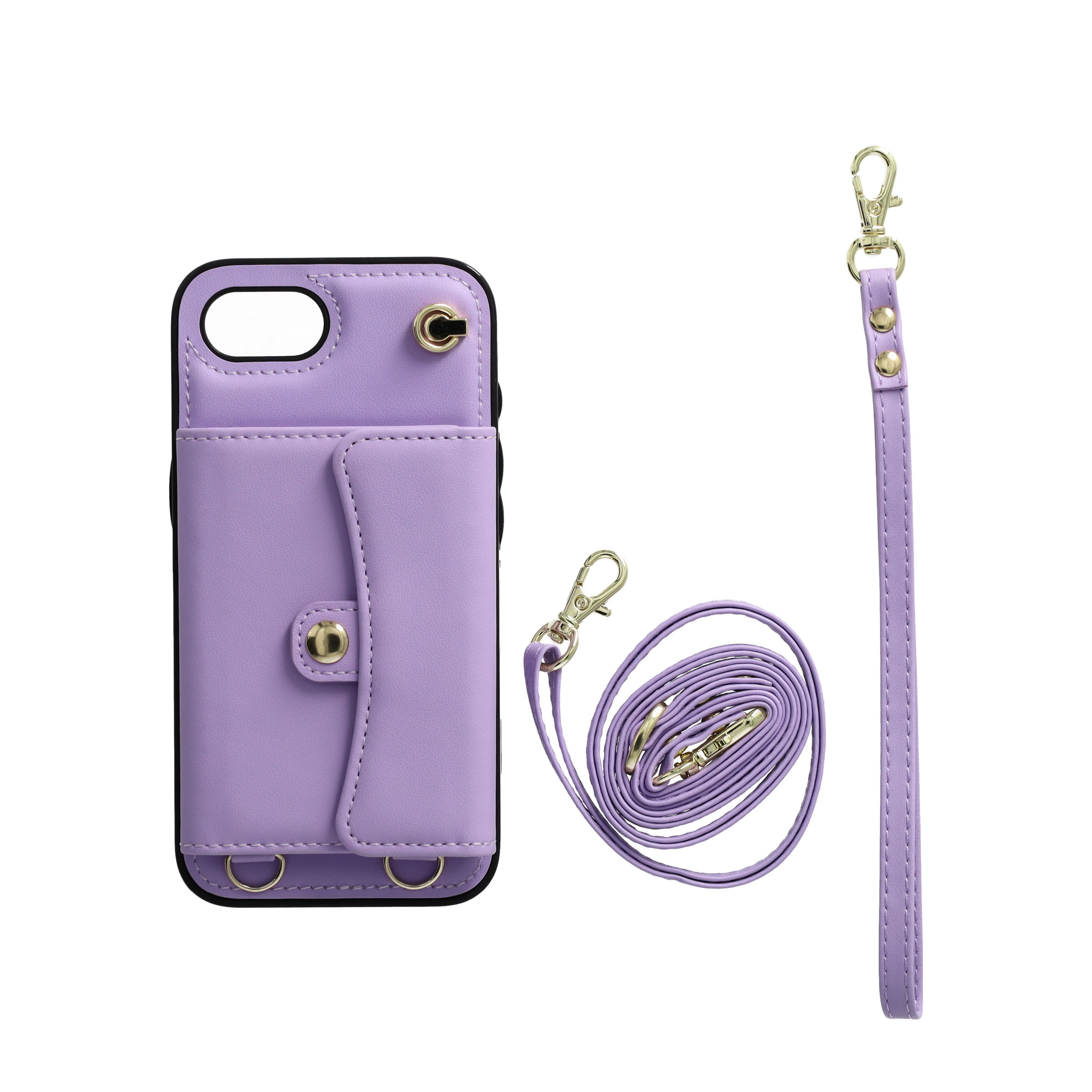 iPhone 16e Necklace Leder Schutz Hülle mit Kartenfach   Handykette (140cm) - Lila