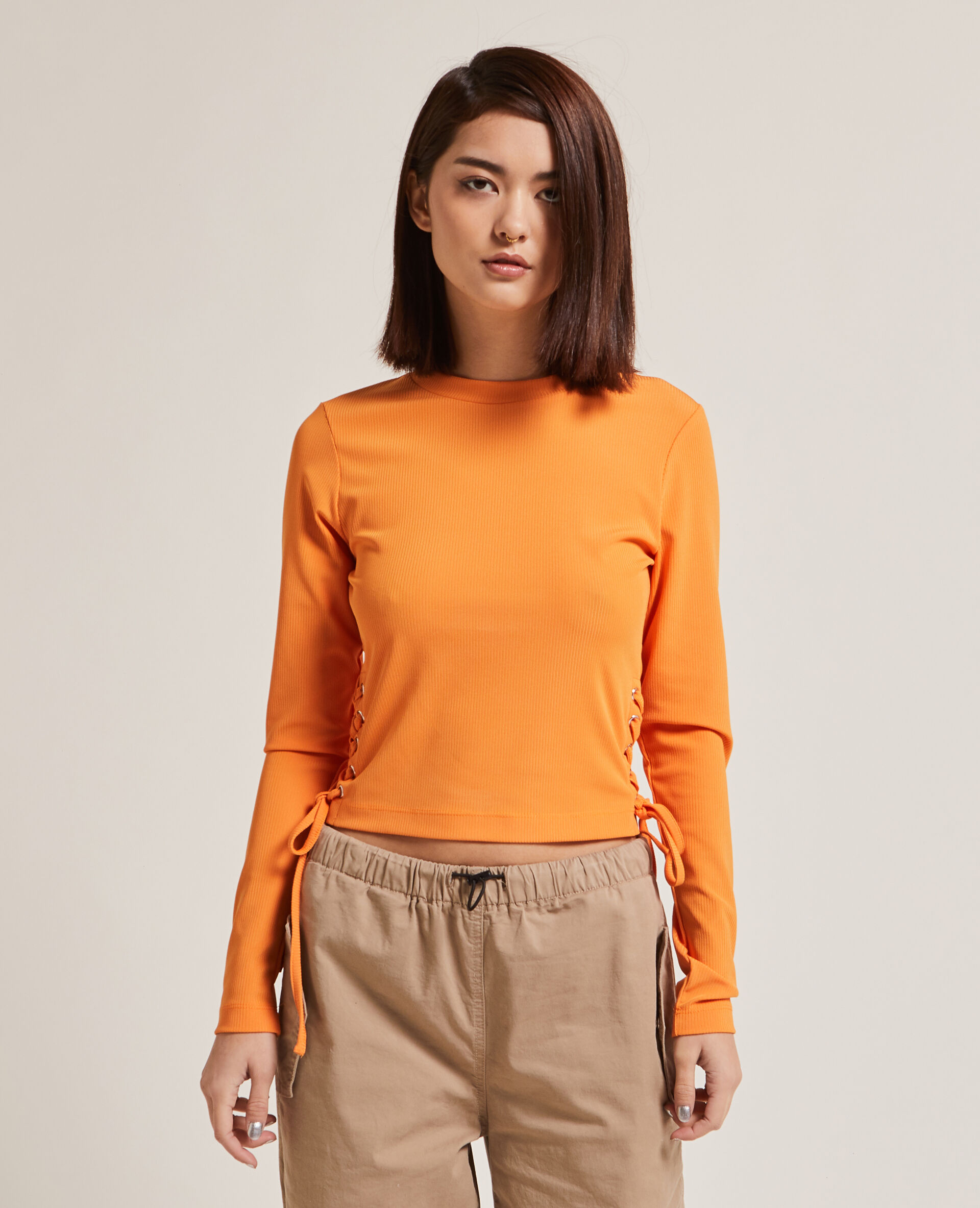 Top maille côteléee avec lacets - Orange