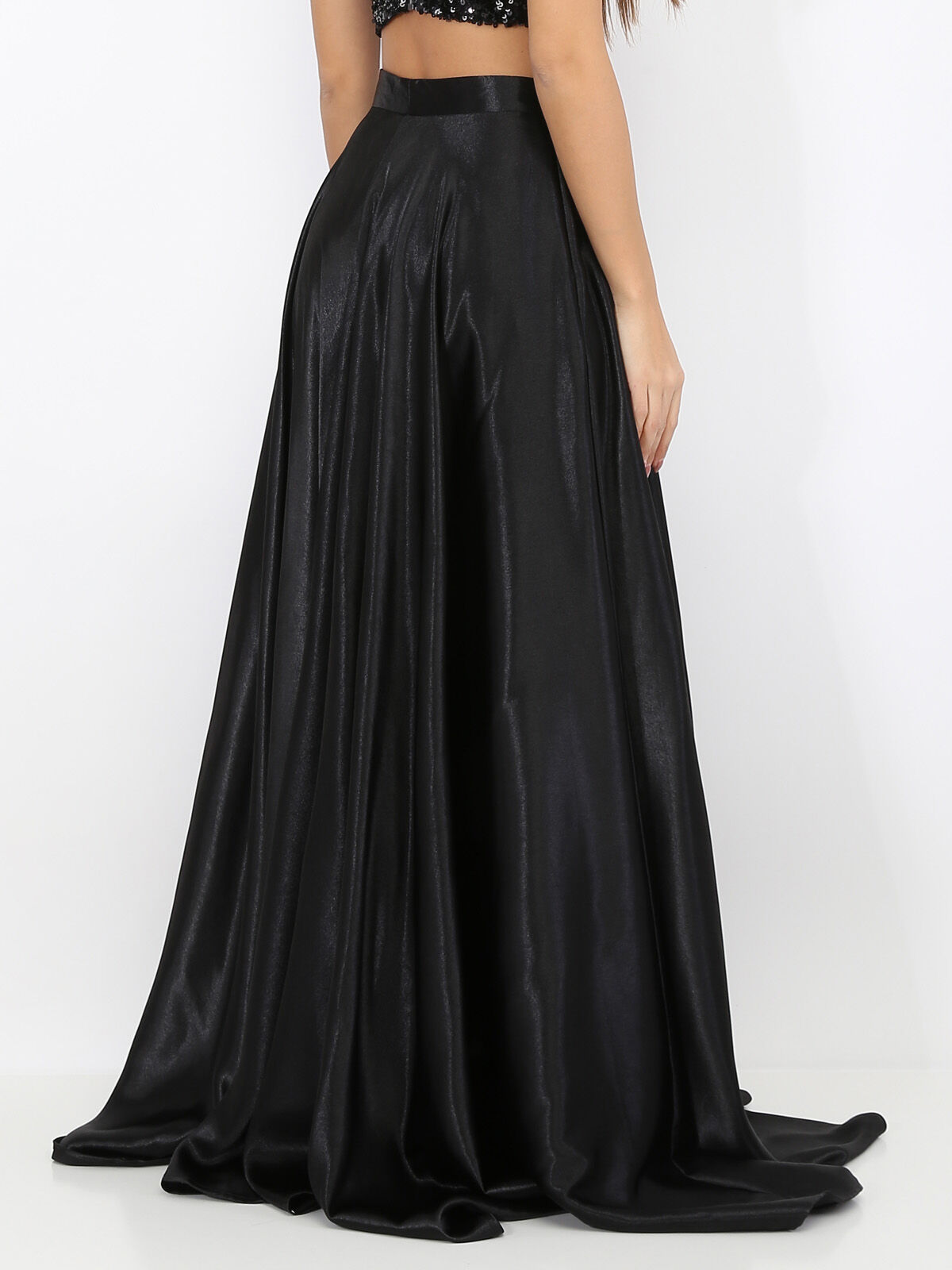 Jupe longue taille haute effet satiné- Noir
