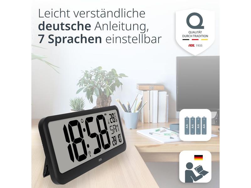 ADE Funkuhr XXL Wanduhr oder Regeluhr Schwarz Inklusive Wecker mit digitaler Anzeige