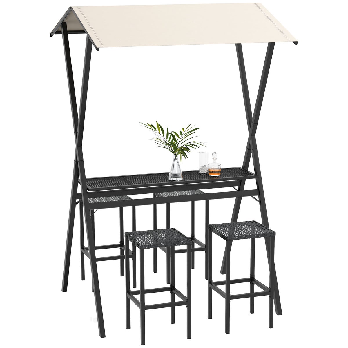 Outsunny Tuinbarset, Rotan Bartafel met 4 Barkrukken, Statafel met Luifel, Zitgroep met Voetensteun, Staal, Zwart
