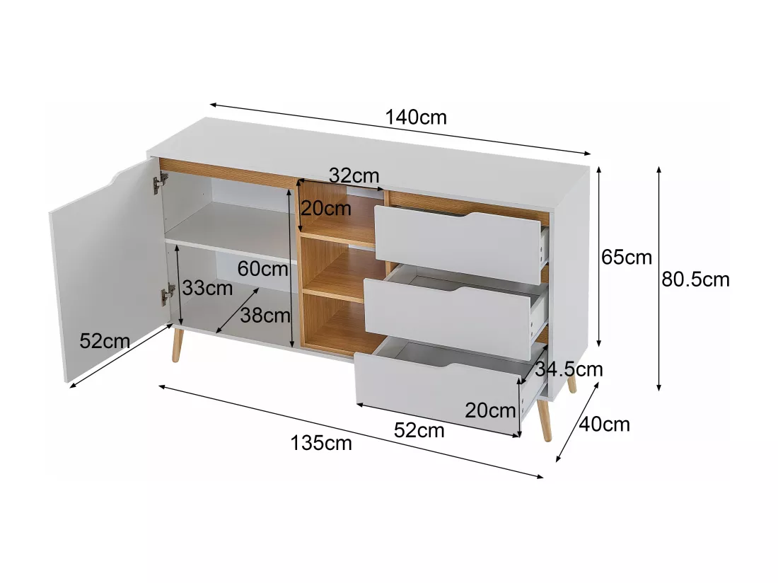 Buffet avec étagères, avec 3 tiroirs et espace de rangement ouvert, 140 x 40 x 80,5 cm, blanc