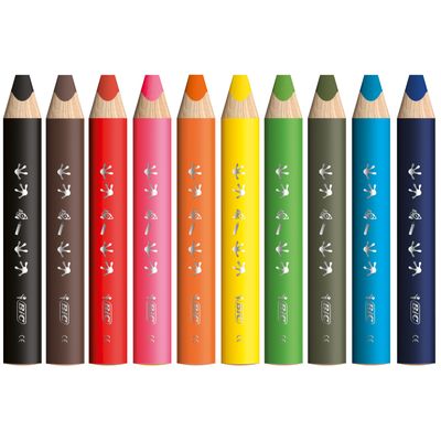 BIC Kids Multi-surfaces - 10 Crayons de couleur à corps triangulaire - mine effaçable sur surface non poreuses + 1 taille crayon - Couleurs assorties