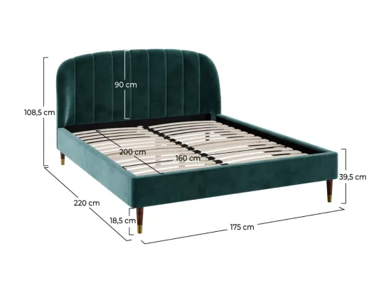 Lit double 160x200 cm en velours vert et pieds doré - Gala