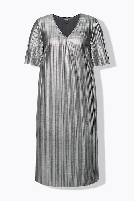Midikleid, Silver-Plissee, A-Linie, V-Ausschnitt, Halbarm