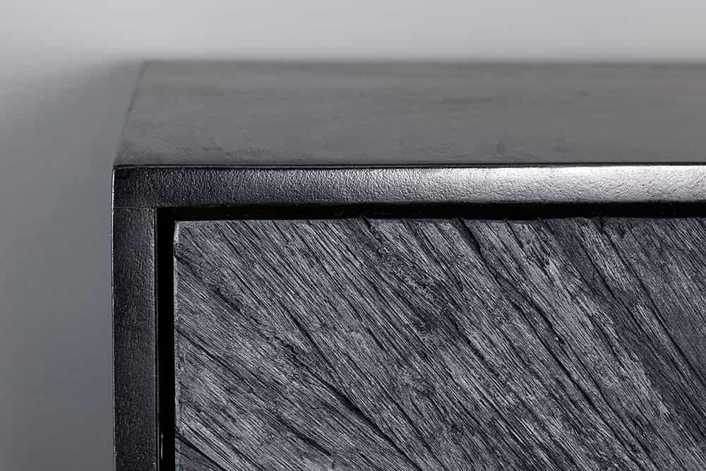 Massives Highboard BARRACUDA 120cm grau Mangoholz mit Teakholz-Front schwarz Metall