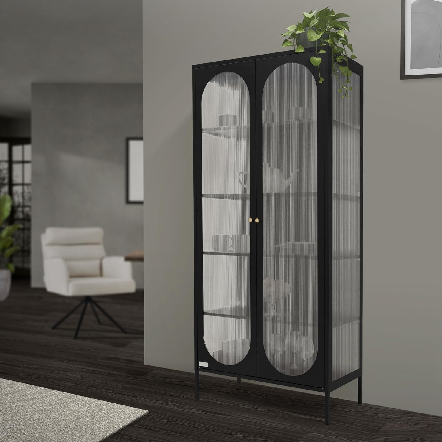 ML-Design Vitrinenschrank 80x175x40 cm, Schwarz, Vitrine mit 5 Ablage-/Regalfächer, 2 Türen, Wohnzimmer Metallschrank aus Stahl, Industrieller Stil, Hochschrank Bücherschrank Aktenschrank Standschrank