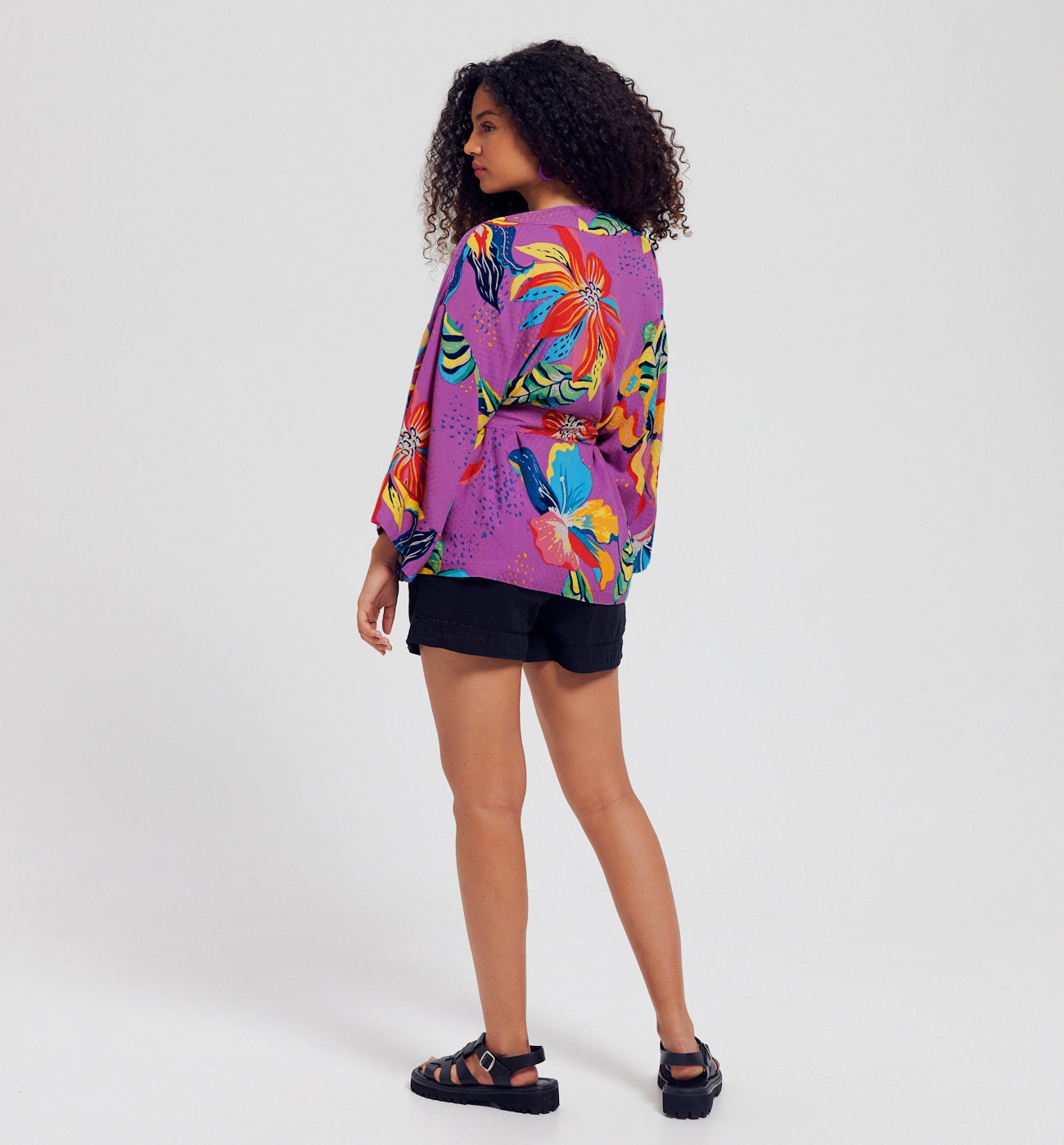 Veste kimono en satin Femme - Imprimé violet