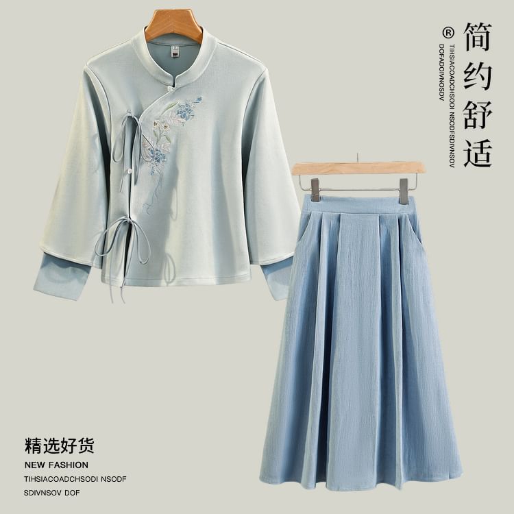 Fioridi - Hanfu-top met lange mouwen, bloemenborduursel en strik / A-lijn rok met hoge taille