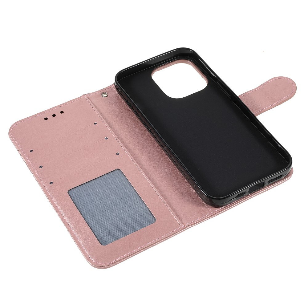 iPhone 13 Pro Leder Tasche Wallet - Mandala Flowers Imprint - Roségold