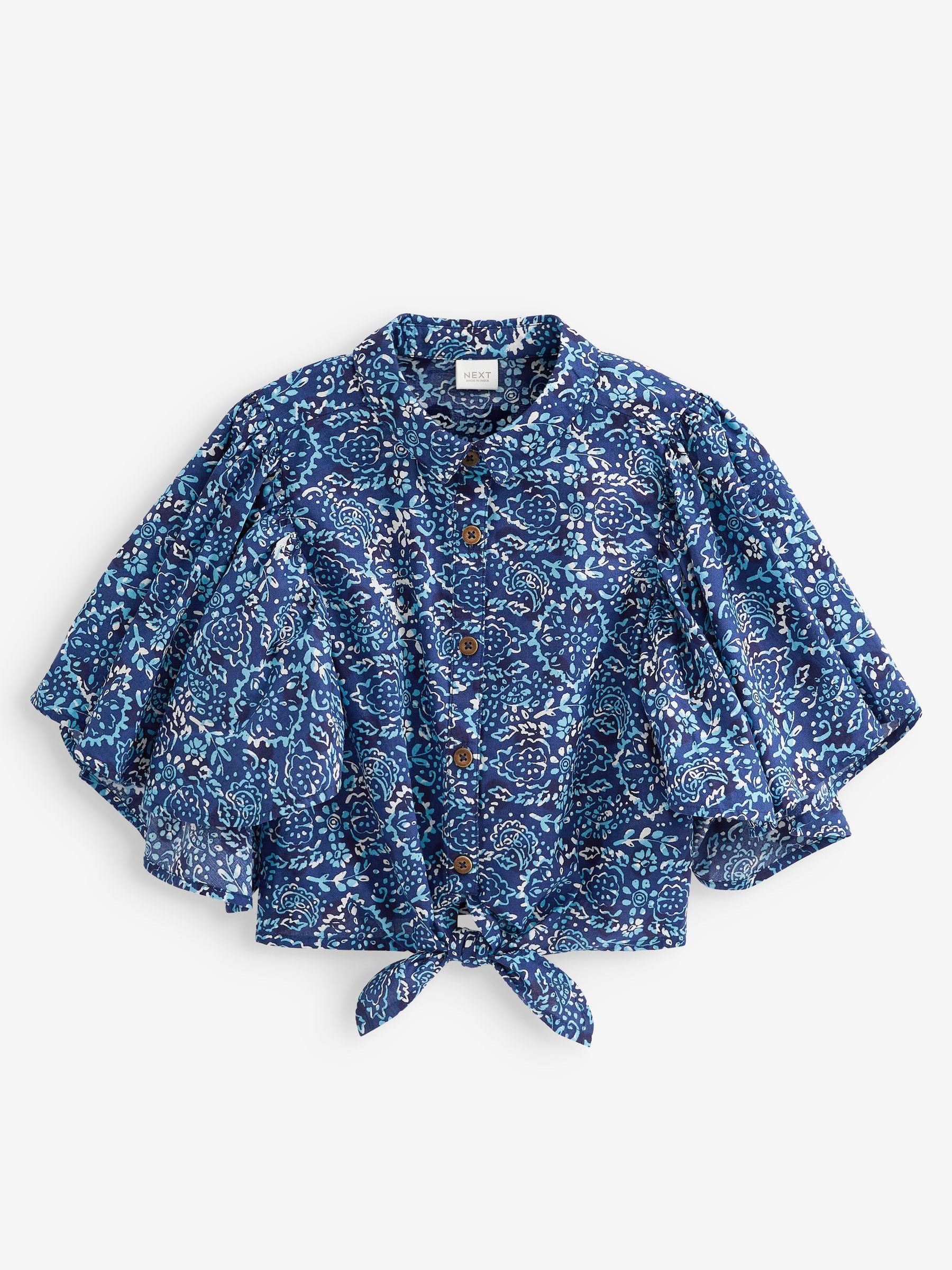 Blauw - Blouse met wijde mouwen met strik aan voorzijde (3-16jr)