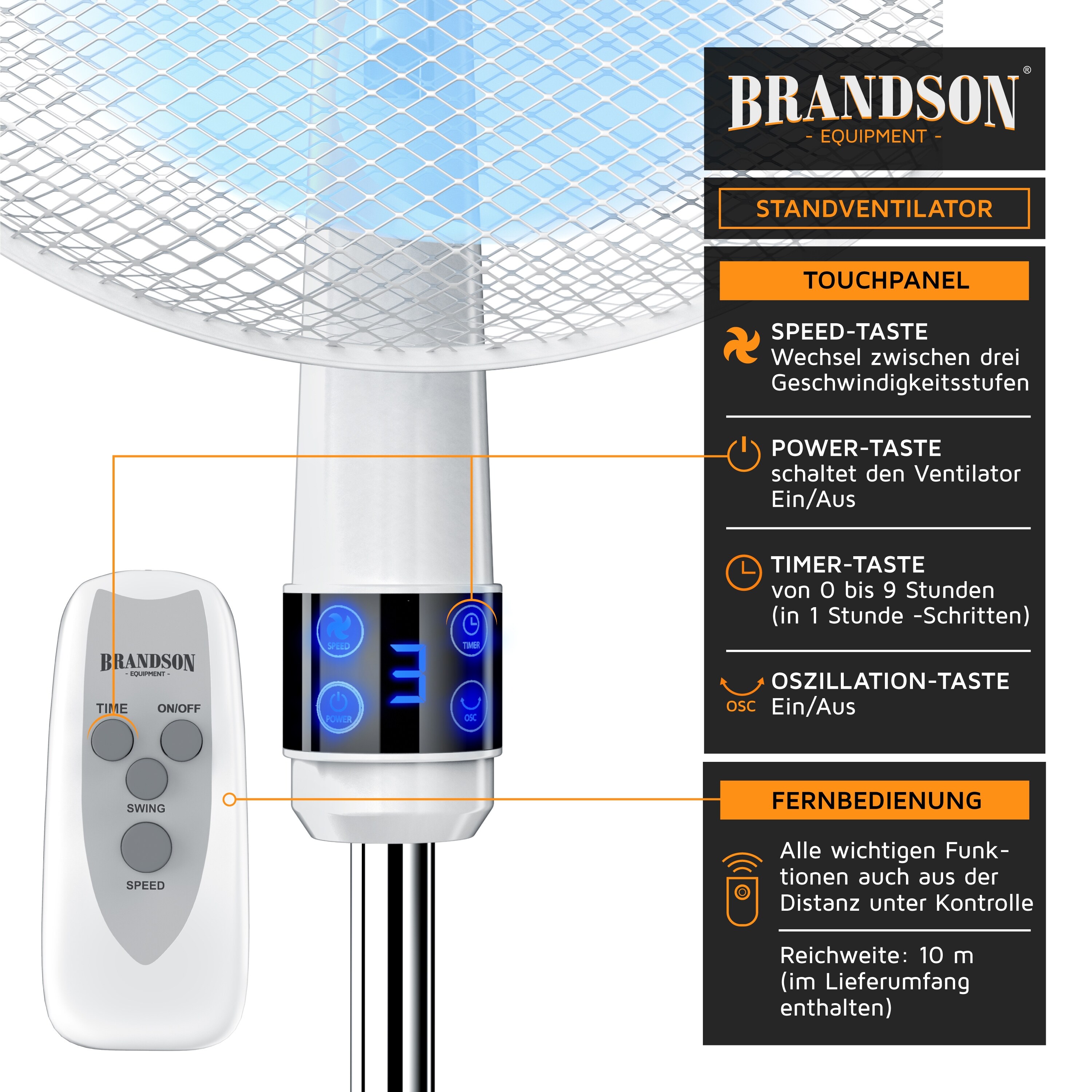 Brandson Standventilator, Standlüfter leise, Ventilator, höhenverstellbarer Standfuß, Neigungswinkel 30° verstellbar, inkl. Fernbedienung