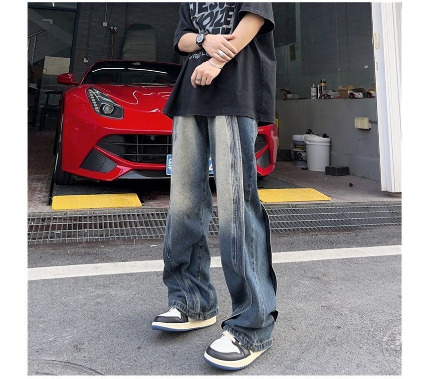 Hushgrain - Mid Rise Washed Panel Straight Leg Jeans