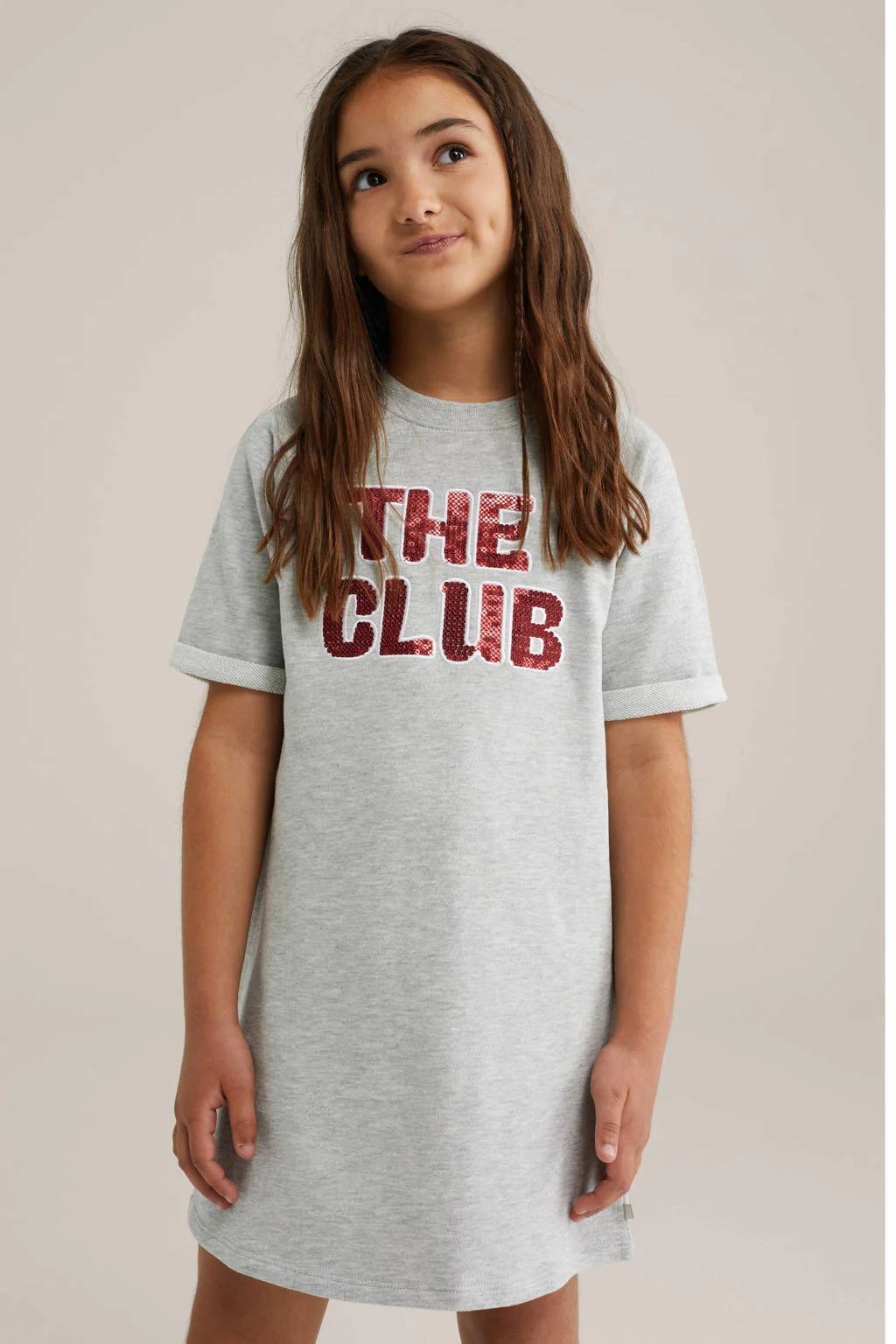 WE Fashion t-shirtjurk met pailletten grijs melange