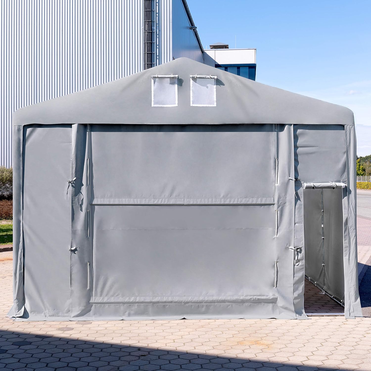 TOOLPORT Lagerzelt Industriezelt 8x12 m Zelthalle mit 3m Seitenhöhe PVC Plane 850 N grau wasserdicht Ganzjahreszelt mit Hochziehtor