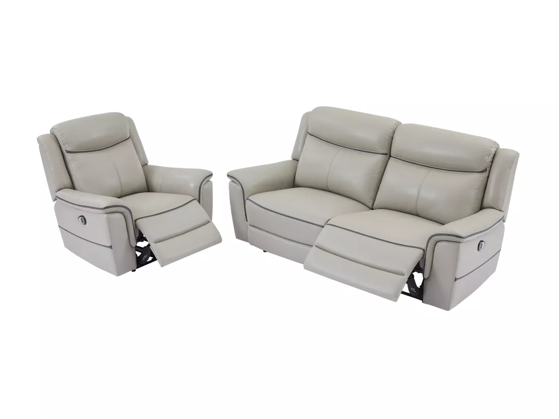 Canapé 3 places et fauteuil relax électrique en cuir gris clair ADELIO