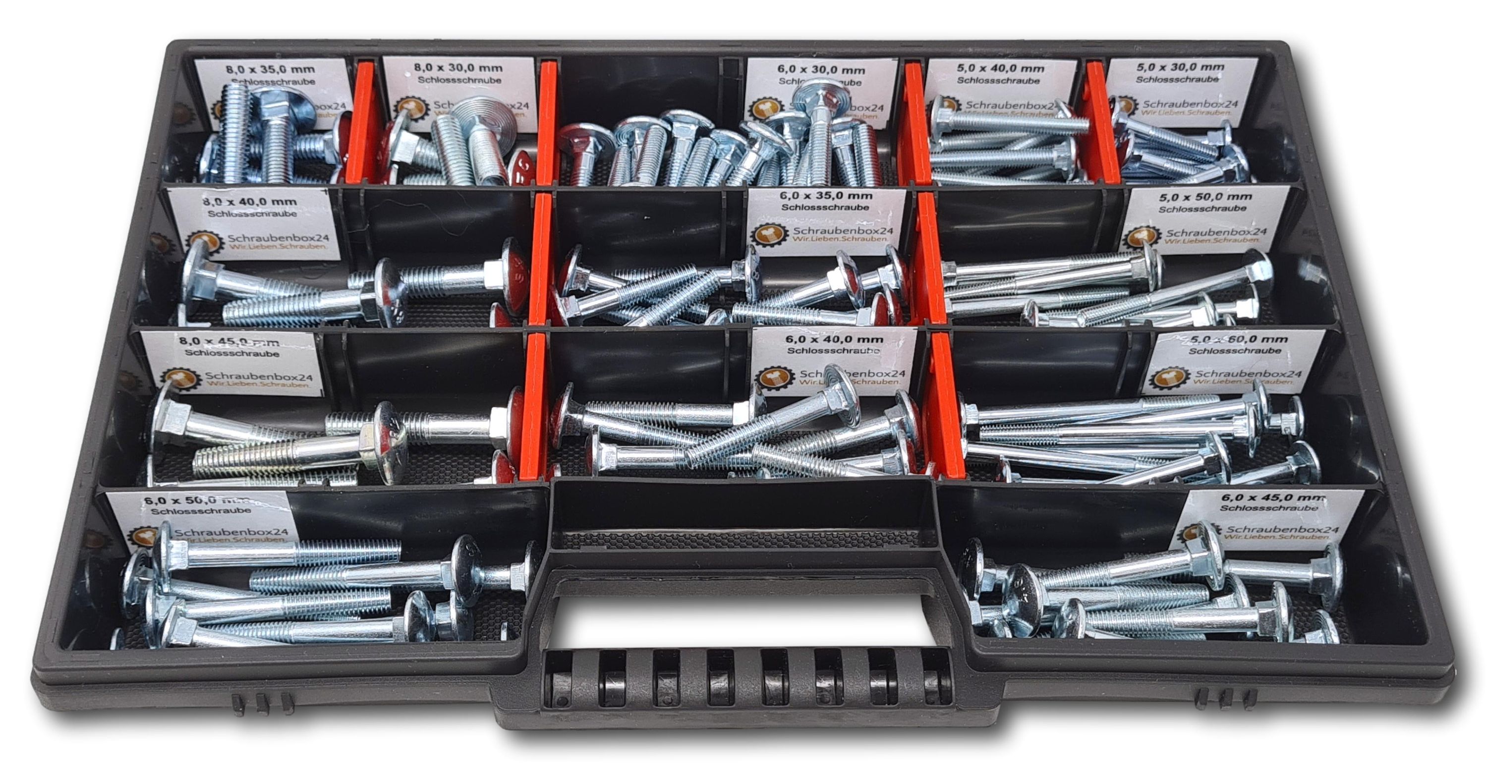 Flachkopfschrauben Sortiment M5-M6-M8 // 30mm-60mm 115 tlg. Schraubenbox DIN 603 Bolzen Vollgewindeschrauben Maschinenschrauben Gewindeschrauben Flachkopfschrauben