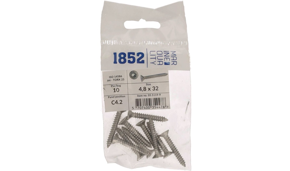 Skrue undersænk 4,8x32 a4 torx 10 stk iso 9478-4