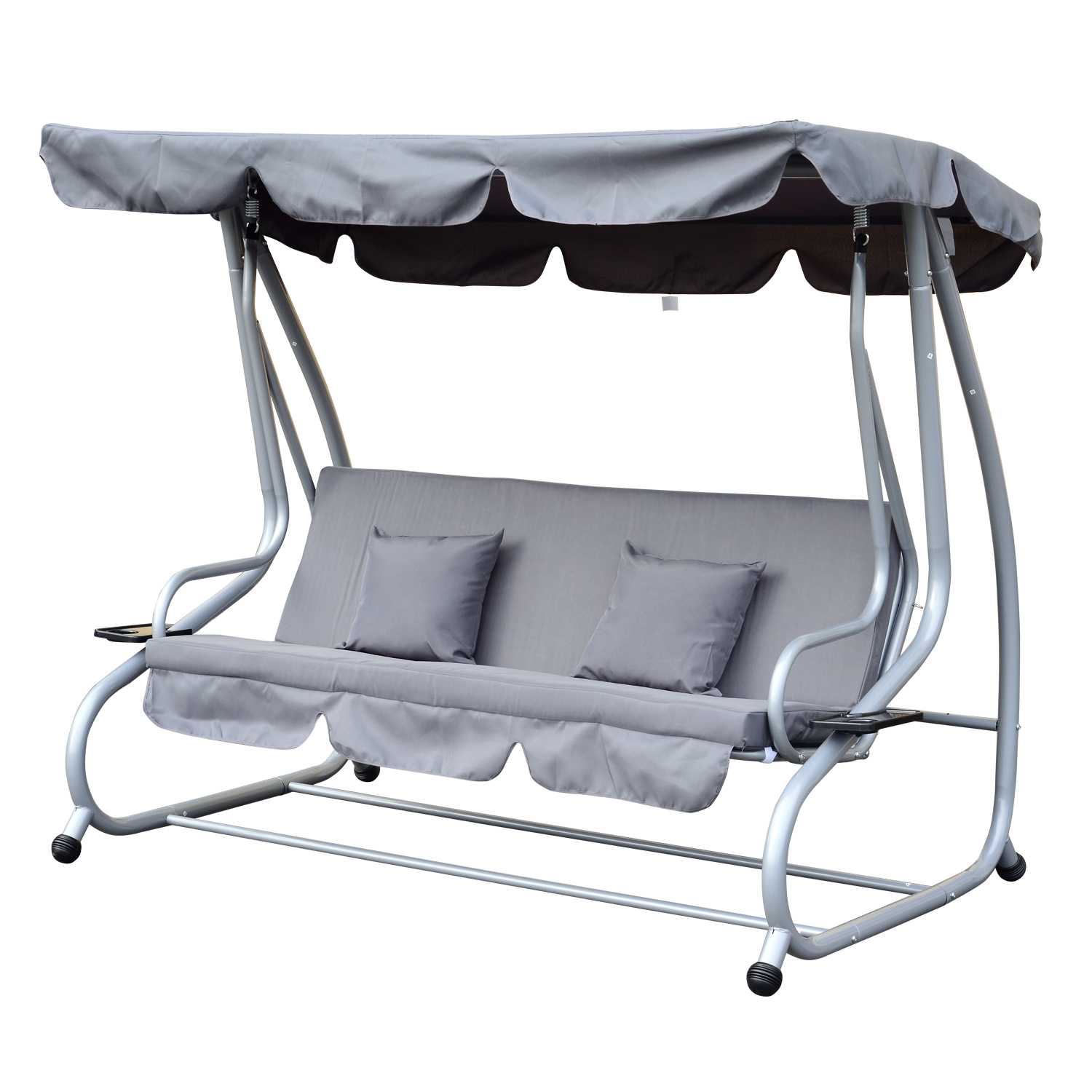 Cadeira de balanço de jardim Outsunny de 3 lugares, conversível em cama, com cobertura ajustável para proteção solar e bandeja para bebidas, ideal para pátio, varanda e uso externo. Suporta até 340 kg. Fabricada em aço, com dimensões de 200 x 120 x 164 c