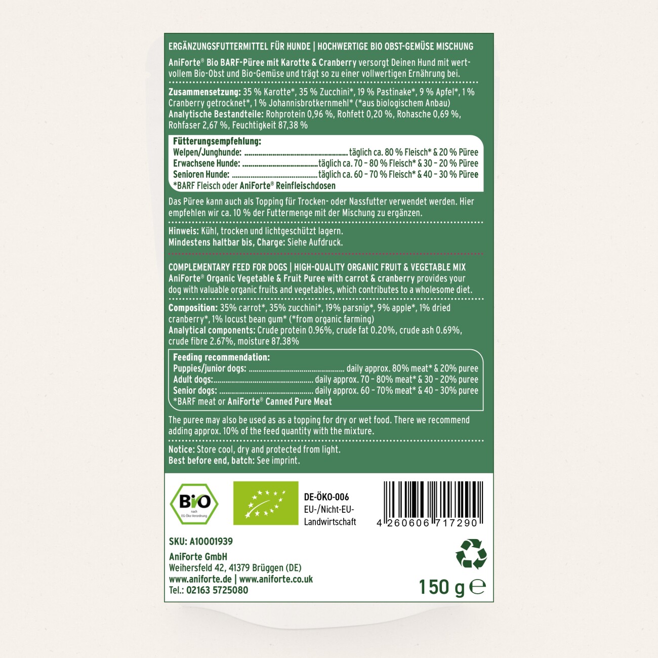 AniForte BIO BARF Püree Karotte & Cranberry 5x150 g