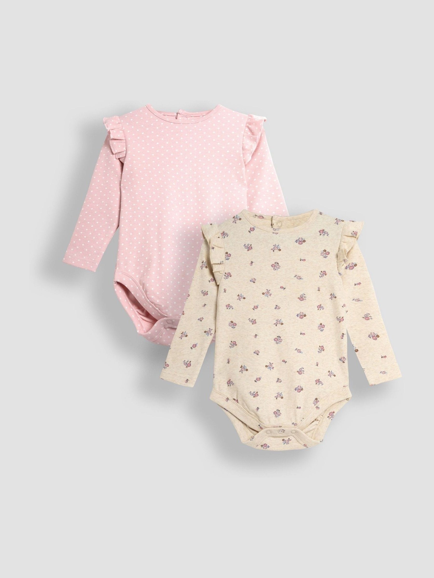 JoJo Maman Bébé verpakking van 2 ribrompertjes met bloemen en stippen en ronde hals