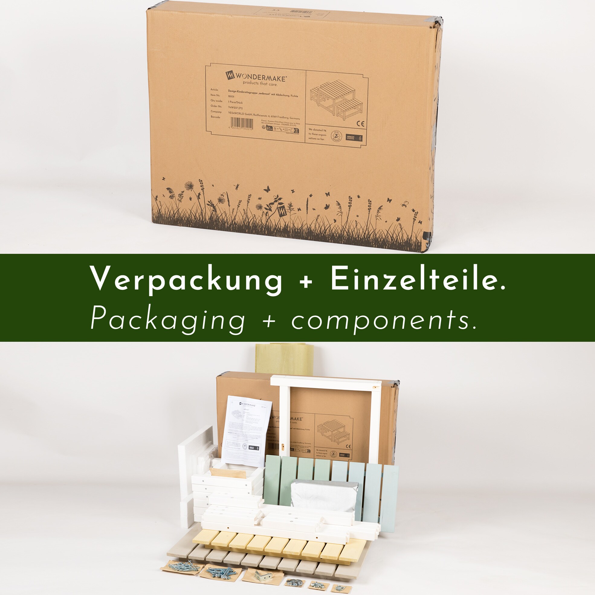 WONDERMAKE® Design Kindersitzgruppe Outdoor Garten Holz mit Abdeckung, Kinder-Sitzgarnitur Indoor Picknick-Gruppe ab 3 Jahre, weiß bunt