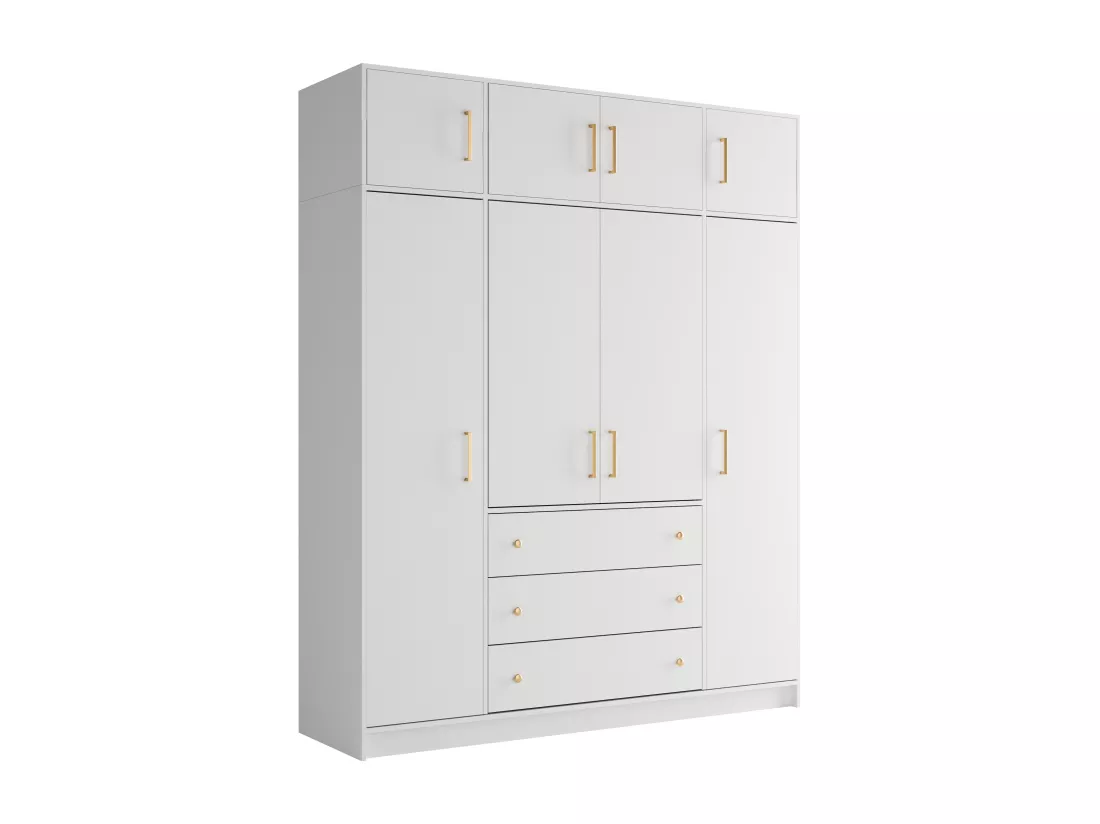 Armoire 4 portes et 3 tiroirs - L196 cm - Blanc + Réhausse - LIZANDRO