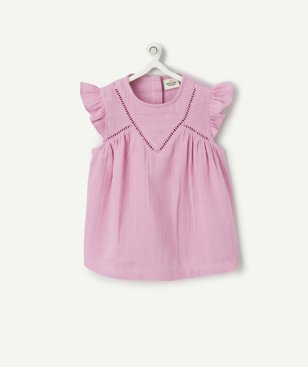 blouse bébé fille en gaze de coton rose avec volants