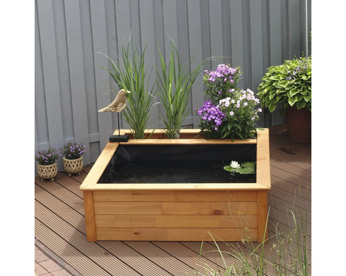 Promadino verhoogde vijver, minivijver met zijbeplanting, honingbruin met vijverfolie, 146 x 127 x 40 cm