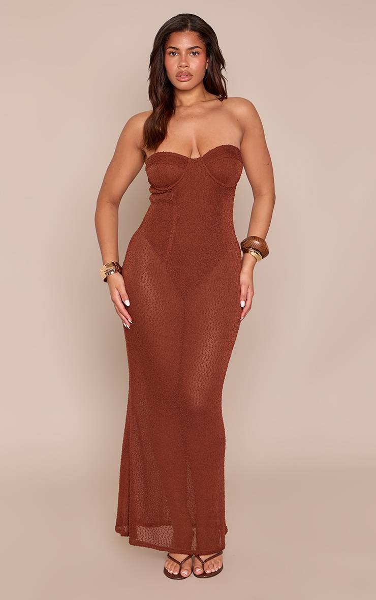 Marron Robe Moulante En Maille Ajourée Chocolat