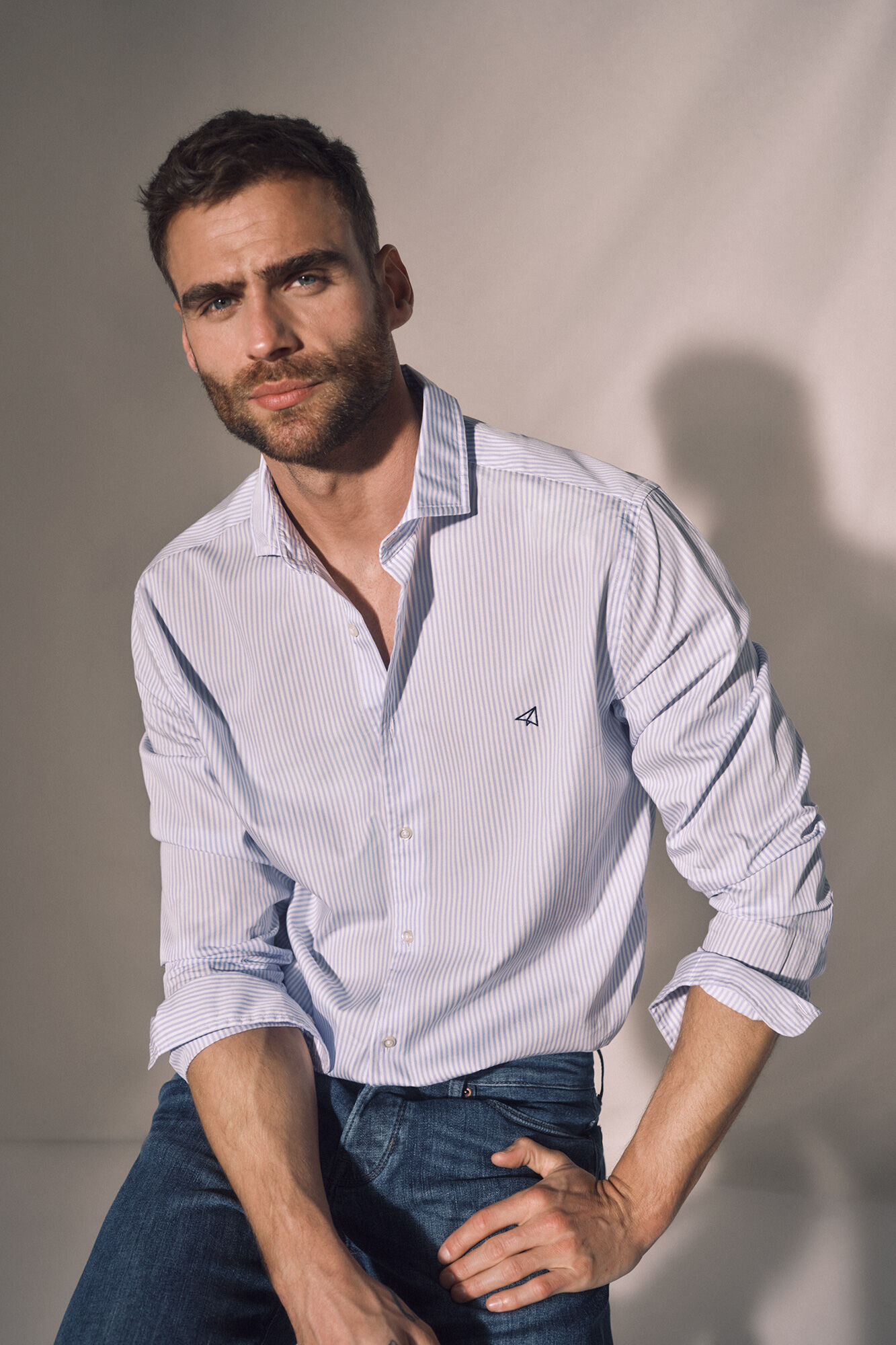 Camisa Slim de Manga Comprida com Mil Listras - Azul