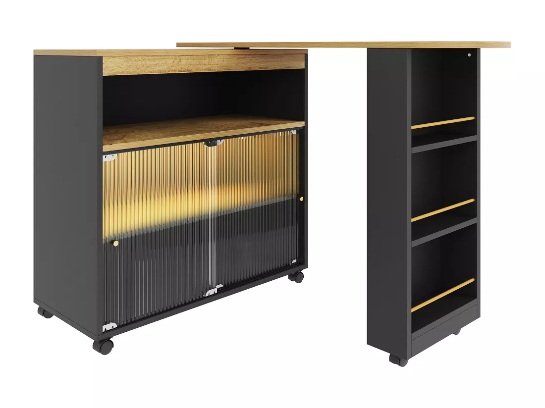 Buffet、Meuble de bar pivotant et escamotable avec LED - compartiments et étagère à épices - Noir