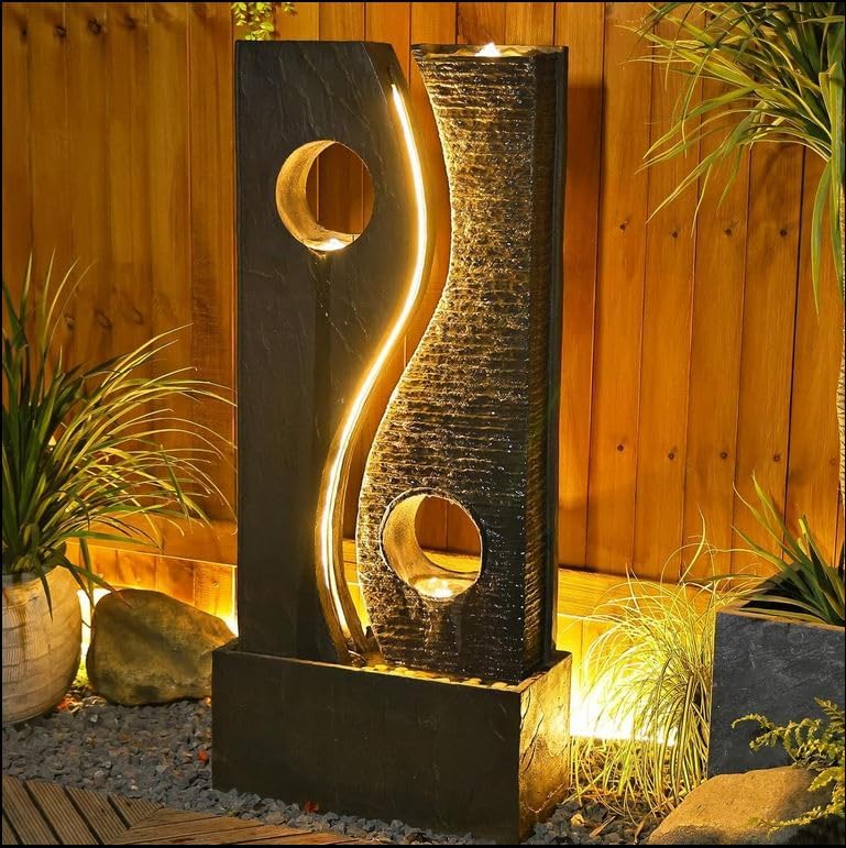 Wacredo Premium Wasserspiel Komplettset Gambia 119cm Zimmerbrunnen Indoorbrunnen Springbrunnen Gambia Schieferoptik architektonisch Gesteinswand f. Wohnraum und Garten mit 3X LED Spots; 1X LED Band