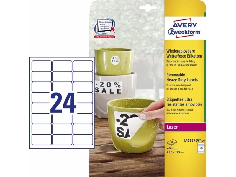 Etiketter Avery 63,5x33,9 hvid, aftagelige, holdbare - (20 ark x 24 stk.)