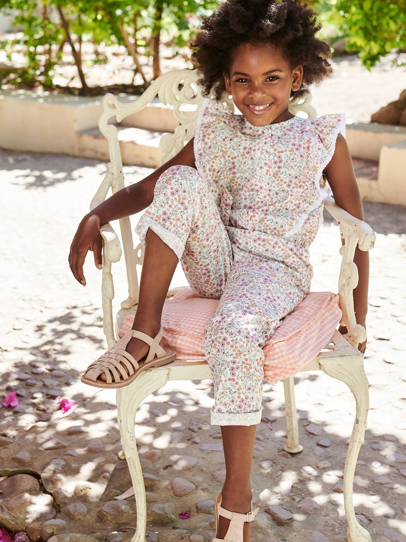 Macacão floral com babados, para menina, branco-creme