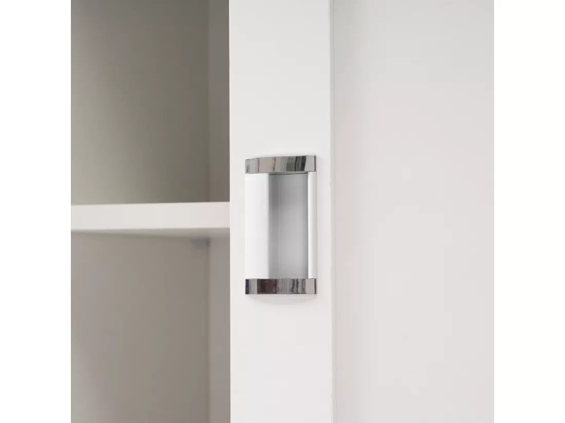 Ilot central de cuisine mobile avec 2 portes coulissantes - plateau extensible - 112x40(70)x94 cm - Bois MDF + métal - Blanc et bois