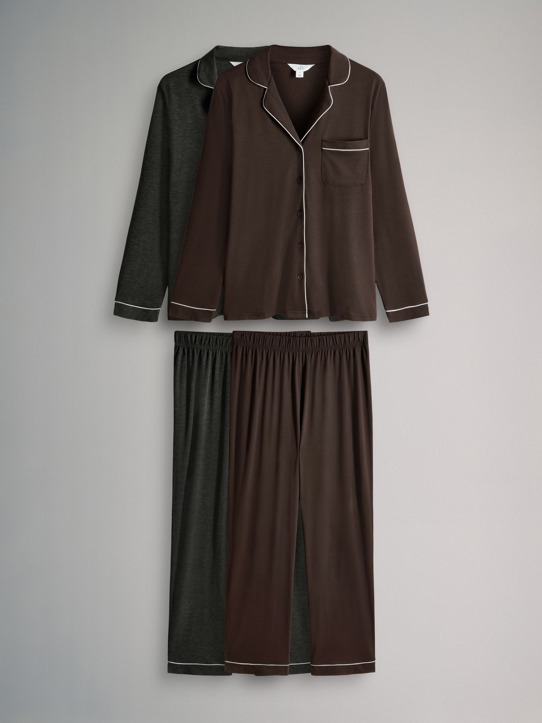 Chocoladebruin / antraciet gemêleerd - The Set 2 Pack Viscose Blend Button Through Long Pyjamas with Piping