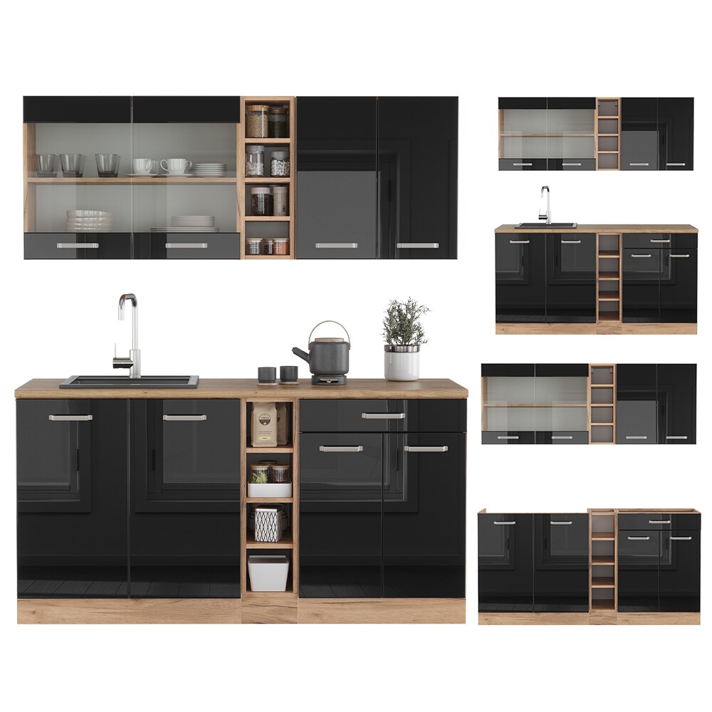 Vicco Küchenzeile R-Line Solid Eiche Schwarz 160 cm modern Küchenschränke Küchenmöbel