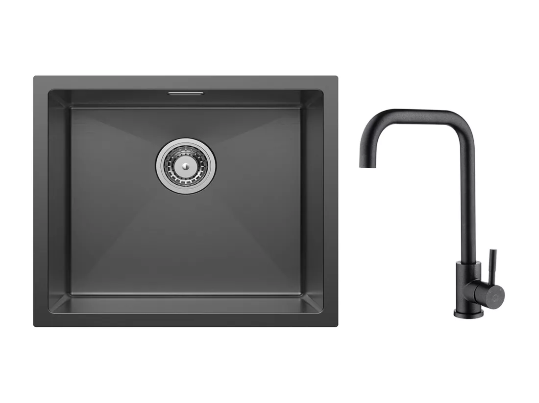CECIPA MAX Évier de Cuisine 1 Bac Évier Inox 50*44CM Noir Anthracite + Mitigeur de Cuisine en Inox Noir étoilé avec Bec Haut et Incurvé