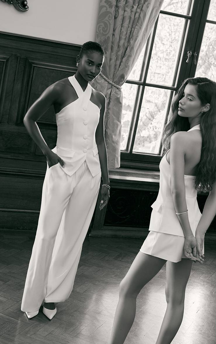 Blanc Pantalon Large Plissé Doublé Ajusté Premium
